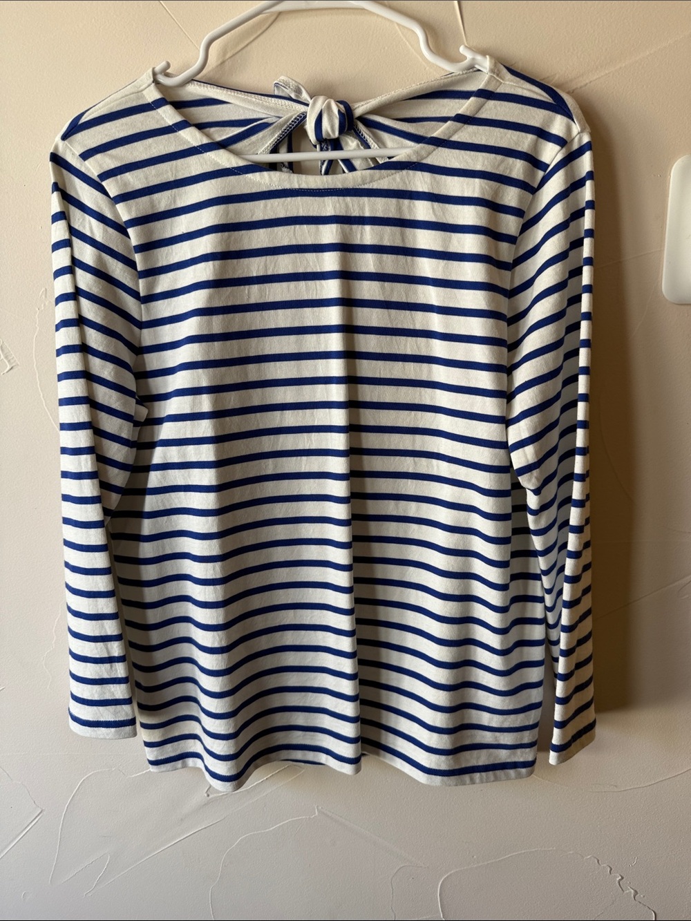 J. Crew White and Blue Striped Long Sleeve Tie-Back Top